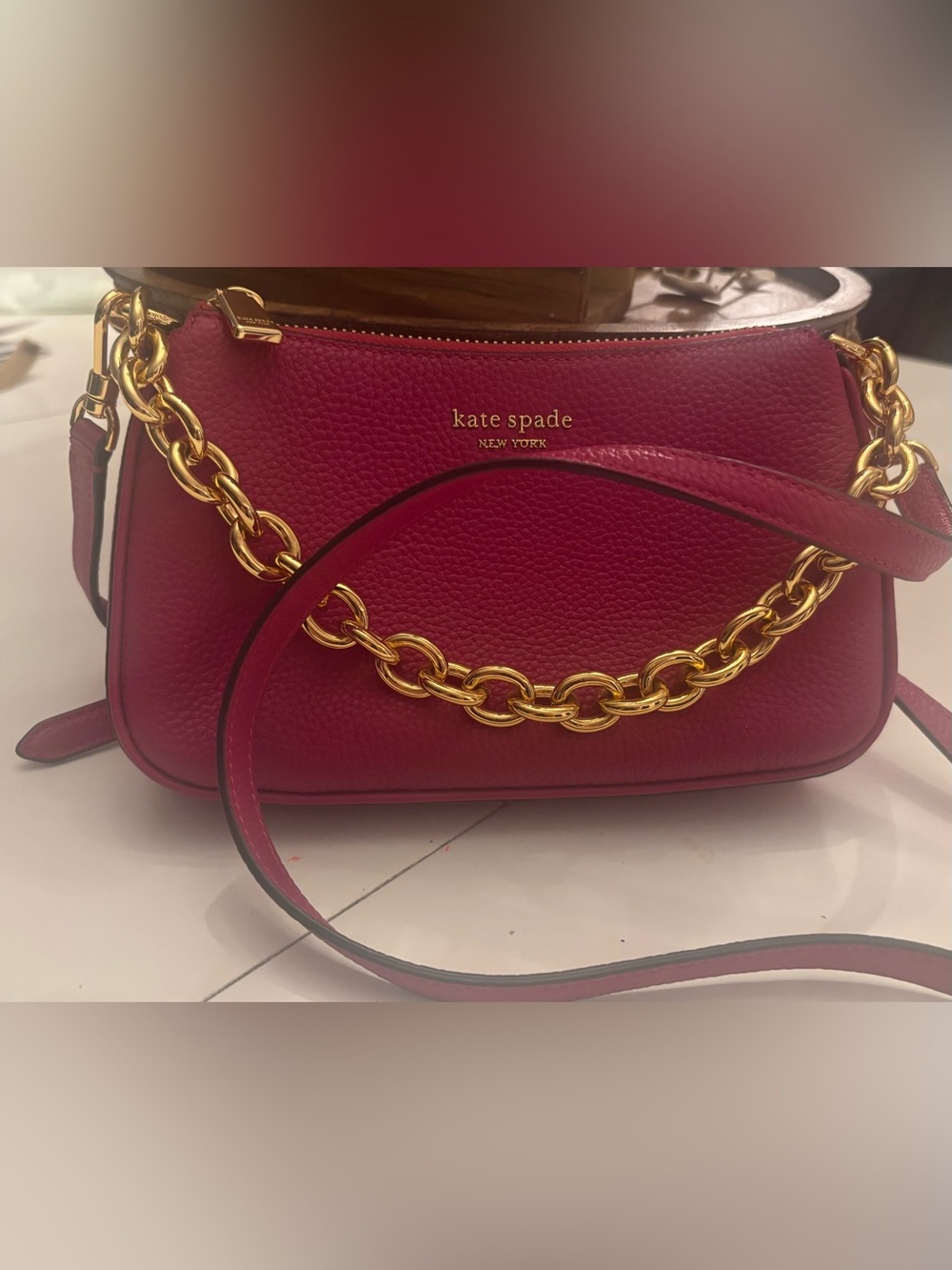 Kate Spade New York Fuchsia Pink Pebbled Leather Chain Crossbody Bag